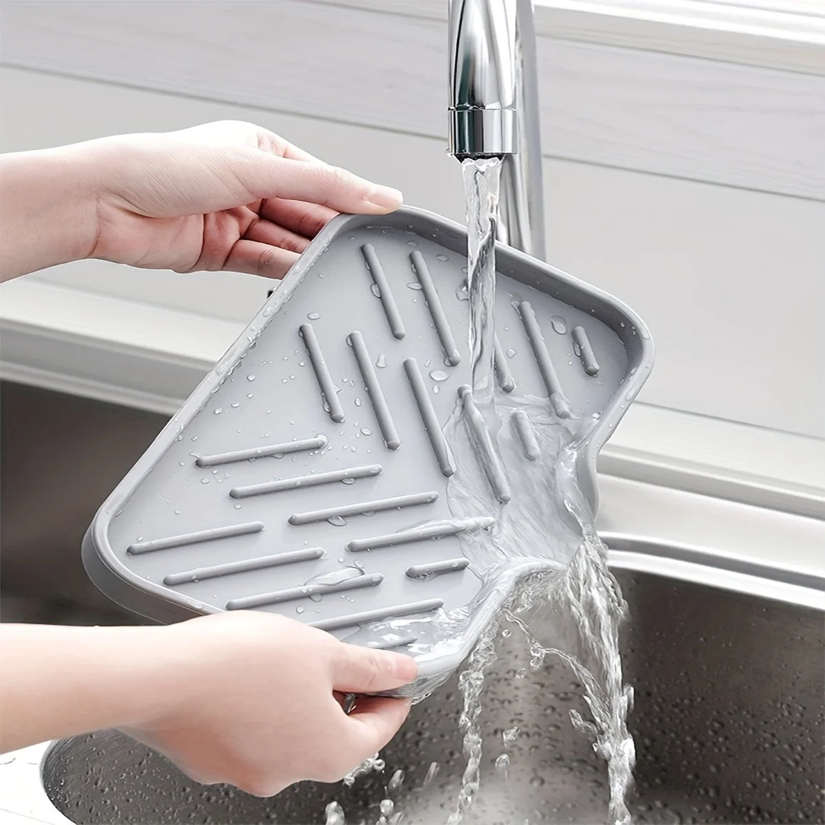 Silicone Sink Organizer Tray with Drain Spout – Large
