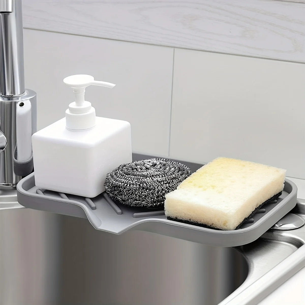 Silicone Sink Organizer Tray with Drain Spout – Large