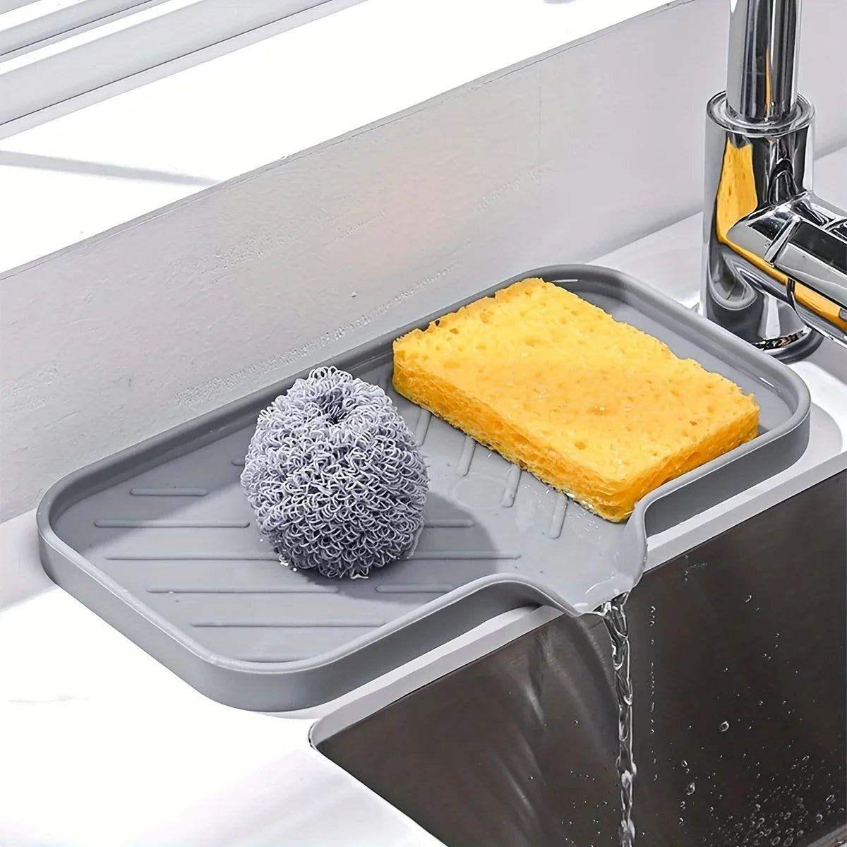 Silicone Sink Organizer Tray with Drain Spout – Large